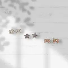 【ピアス】丸、花、リボン　ピアス　3点セット
