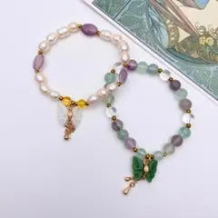 天然石 ブレスレット 2本セット フローライト 淡水パール 蝶モチーフ 新品