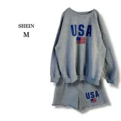 【SHEIN】シーイン　ロゴプリントルームウェア　暖か短パン　グレー　USA M