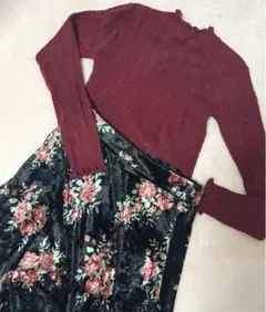 お姉さんセットアップ　ベロア花柄ロングスカート　ワインレッドリブニット