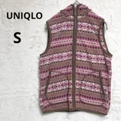美品 ユニクロ S フリースベスト フード ピンク ブラウン系 フェアアイル柄