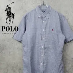 古着 90s ポロ ラルフローレン 刺繍 ギンガムチェック シャツ ブルー M