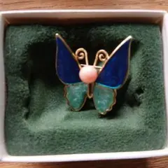 蝶のブローチ 青緑エナメル ピンク石
