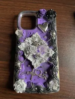 ハンドメイド iPhoneケース パープル×ブラック デコ