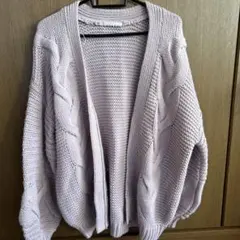 薄紫 ケーブル編み オープンフロントカーディガン