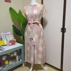 着物リメイク！江戸小紋ベージュ絹地ワンピース、リボンベルト付き