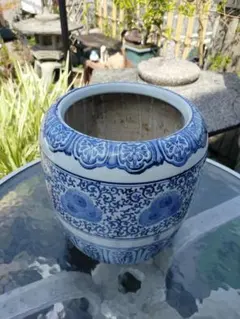 伝統工芸 染付 山水図 火鉢 水指 水鉢 割蓋付き メダカ鉢 鉢カバー