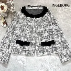 インゲボルグ INGEBORG ノーカラーツイードジャケット フラワーモチーフ