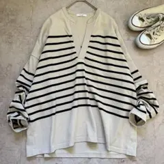 CLANE ワイドヘンリーネックボーダートップス ベージュ 1