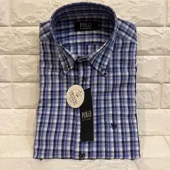 【POLO】 半袖 チェックシャツ M 綿麻 ボタンダウン ブルー 刺繍入りのサムネイル