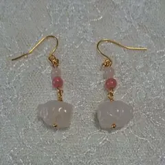 ハンドメイド❤️ブタさん2wayピアス ローズクォーツ タイプＡ
