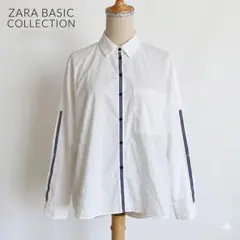ZARA BASIC ホワイト コットンシャツ ネイビーストライプトリム M