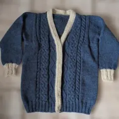 アラン模様ニット　手編み　ロングカーディガン　ブルーグレー色　✤要ボタン付