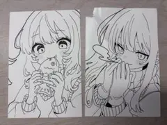 【OUTLET】 手描きイラスト 創作 少女 たい焼き 冬 アナログ 原画 2枚