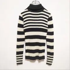 E852 タートルネック　ボーダー　リブニット　セーター　ブラック　ホワイト