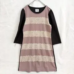 美品 ブージュルード 花柄 レース ワンピース 洗える 配色 ピンク 38 M