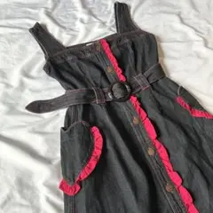 ジャンパースカート ワンピース デニム フリル ハート 春 ガーリー ベルト付