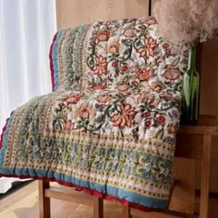 未使用※大判　インド ブロックプリント 中綿入りキルト ブルーハワイ　マルチカバ