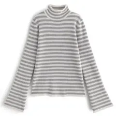 GRL ボーダー柄フレアスリーブリブニットトップス[k9086b] グレー M