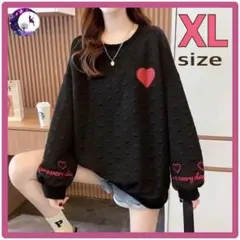 ハートロゴ トレーナー 韓国ファッション 原宿系 オーバーサイズ スウェット 黒