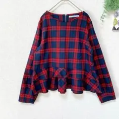 【ケービーエフ】 ペプラムブラウス S～M相当 赤チェック 長袖 カジュアル