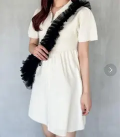 Heather アイボリー 半袖ニットワンピース Aライン