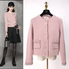 美品★René /ルネ カーディガン ウール Wジップ リボン　ホワイト36 Rene（ルネ） ドットニットカーディガン 6222470