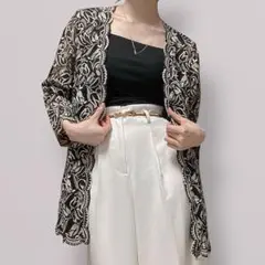 一点物ヴィンテージ スカラップ ゴールド刺繍 総レース 透かし編み カーディガン