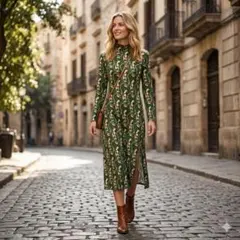 ZARA ザラ 総柄ロングワンピース S グリーン スリット入り レトロ