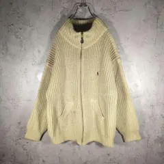 【90s香港製】ラルフローレン 刺繍ロゴ ジップニット ベージュ L