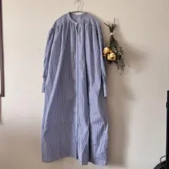 【美品】ストライプ シャツ ワンピース ロング 襟なし FREEサイズ