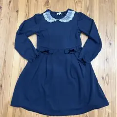 【150cm】発表会や冠婚葬祭⭐︎女児ネイビー レース襟 長袖ワンピース