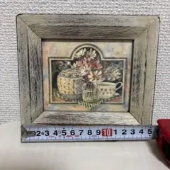 花と食器のアート 木製フレーム 約10cm x 13cm
