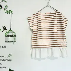 ピンクアドベ/裾フリルドッキングボーダーカットソー フレンチスリーブ Lのサムネイル