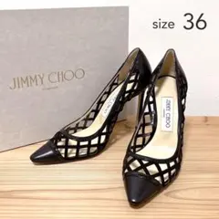 極美品　JIMMY CHOO　ジミーチュウ　メッシュ　レザー　パンプス　黒　36