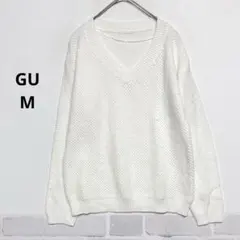 GU レディース ホワイト Vネック メッシュ編み 長袖ニット セーターi722