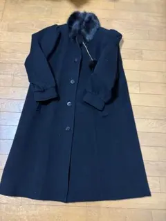 カシミア10％入りウール黒ロングコート ファー付き