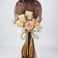 和風髪飾り ゴールド ピンク 花飾り