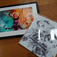 鬼滅の刃イラスト描き下ろし色紙+A4キャラファイングラフ(煉獄杏寿郎、猗窩座)