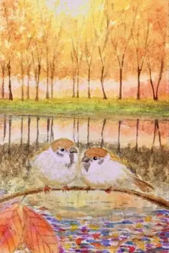 水彩画　秋の湖畔と雀　値段は※900円です