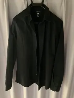 H&M メンズ 黒シャツ M イージーアイロン 長袖 ブラック 古着