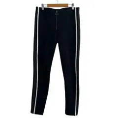 ザラ　ブラック パンツ 黒　L サイドゴムウエスト　フロントジッパー　伸縮性