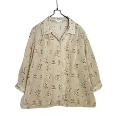 ヴィンテージ 総柄 花柄 シアー開襟シャツブラウス 七分袖 ベージュ レトロ