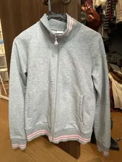 グレー ジップアップパーカー ピンクリブ　y2k