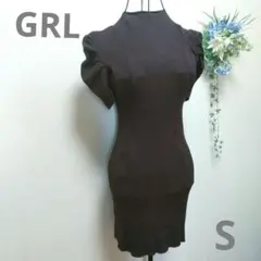 ♪GRL ダークブラウン 半袖ニットワンピース S ミニ丈 デート 0048