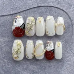 ネイルチップ　成人式　卒業式　振袖　和柄　ブライダルネイル　白　ホワイト