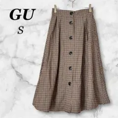 【GU】チェック柄スカートジーユー ブラウン 茶色 ベージュ フレアスカートS
