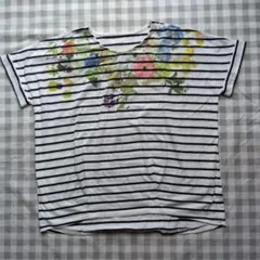 Bleu Bleuet ストライプ花柄半袖Tシャツ　Mのサムネイル