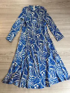 ZARA ザラ 総柄 リーフプリント Aラインフレアワンピース ブルー L
