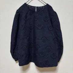 GU 長袖ブラウス　トップス　刺繍入り　紺　ネイビー　透け感　XL おしゃれ